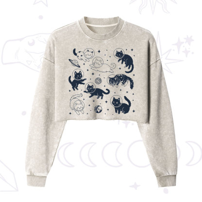 Purplehecate Cats in Space Cropped Washed Sweatshirt