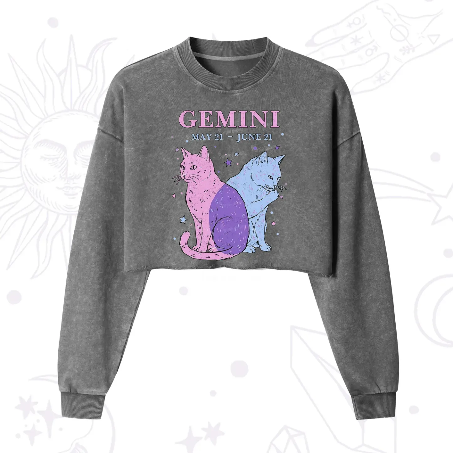 Purplehecate Gemini Zodiac Cats Cropped Washed Sweatshirt