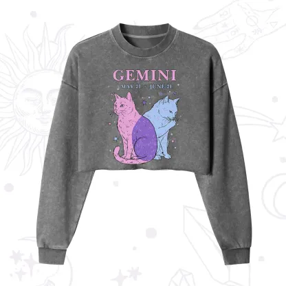 Purplehecate Gemini Zodiac Cats Cropped Washed Sweatshirt