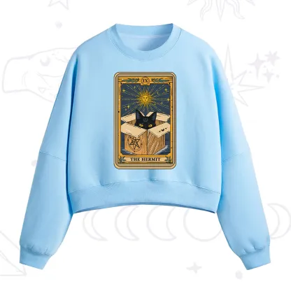 Purplehecate The Hermit Cat Tarot Card Fleece Cropped Sweatshirt