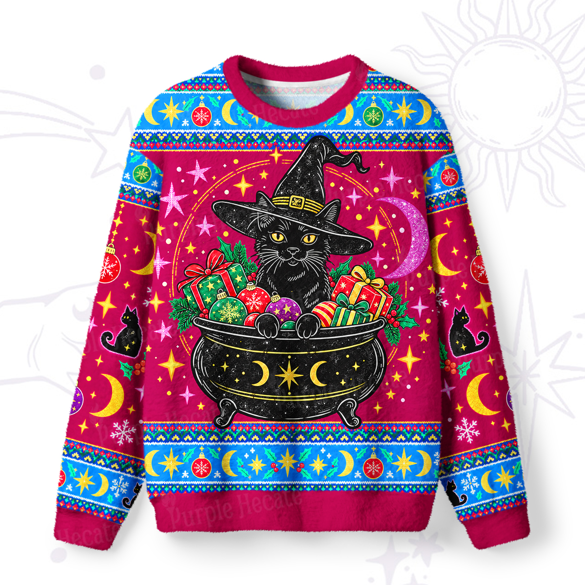Purplehecate Black Cat Witch Christmas Cauldron Fuzzy Ugly Sweatshirt