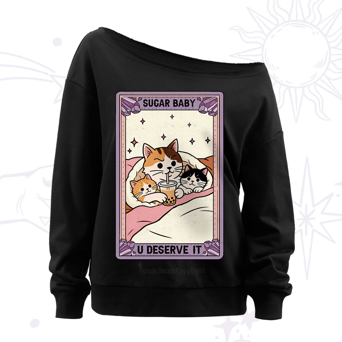 Purplehecate The Sugar Baby Cat Tarot Off The Shoulder Sweatshirt