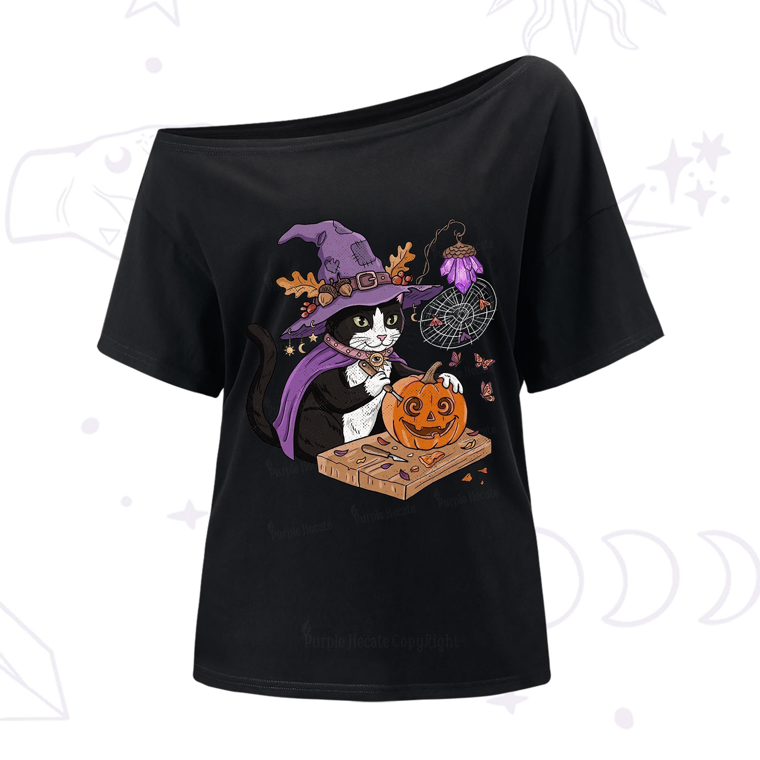 Purplehecate Pumpkin Carving Witch Cat One Shoulder T-Shirt