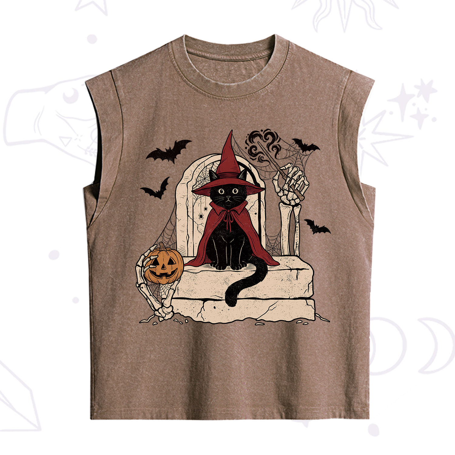 Purplehecate Wizard Black Cat on the Tombstone Halloween Vintage Washed Tank