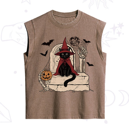 Purplehecate Wizard Black Cat on the Tombstone Halloween Vintage Washed Tank