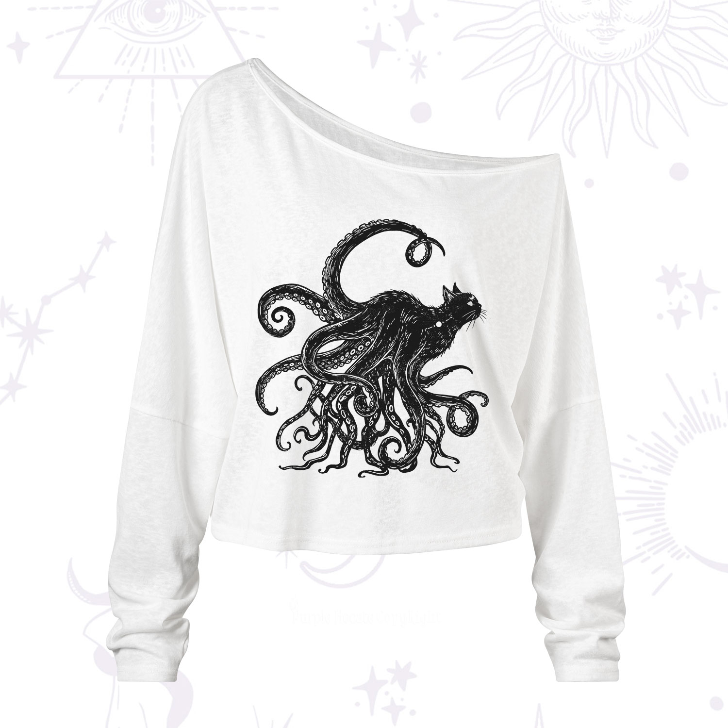 Purplehecate Black Cat with Octopus Tentacles One Shoulder Long Sleeve Shirt