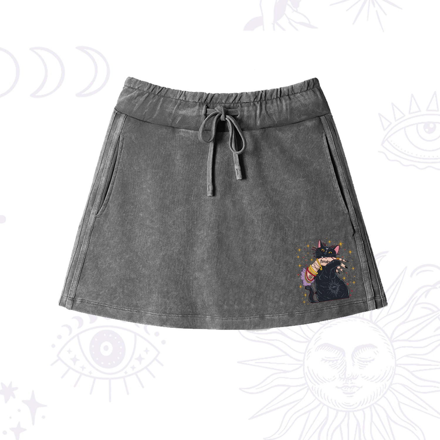 Purplehecate Feral Cat Washed Drawstring Mini Skirt