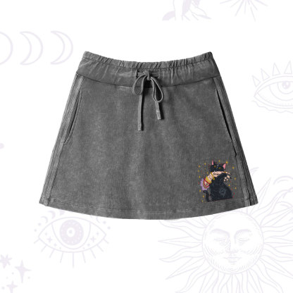 Purplehecate Feral Cat Washed Drawstring Mini Skirt