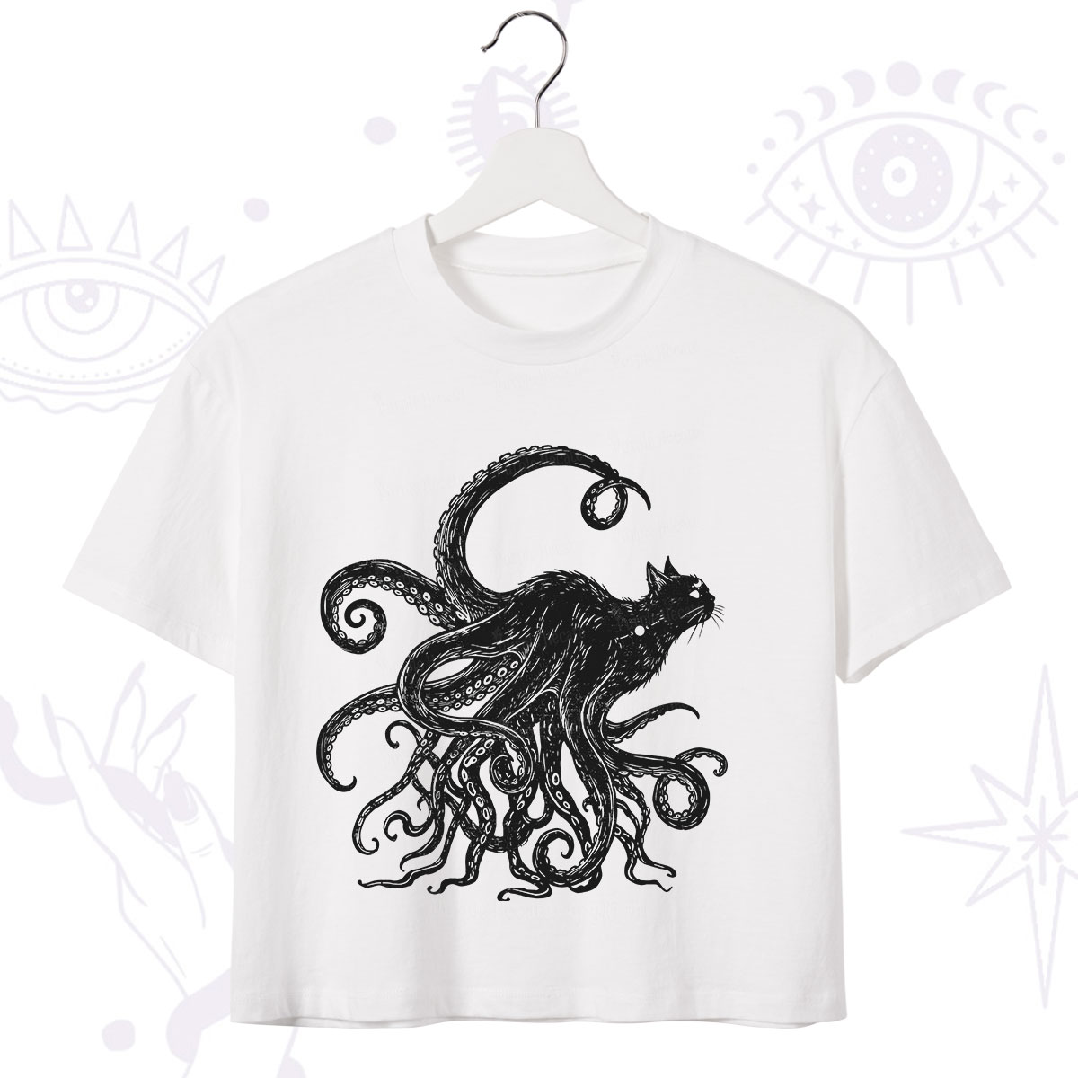 Purplehecate Black Cat with Octopus Tentacles Crop T-Shirt