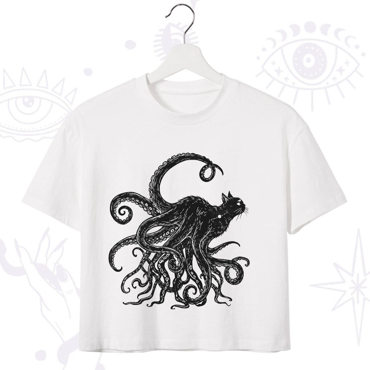 Purplehecate Black Cat with Octopus Tentacles Crop T-Shirt