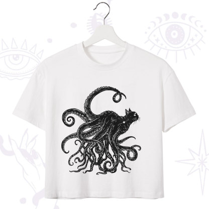 Purplehecate Black Cat with Octopus Tentacles Crop T-Shirt
