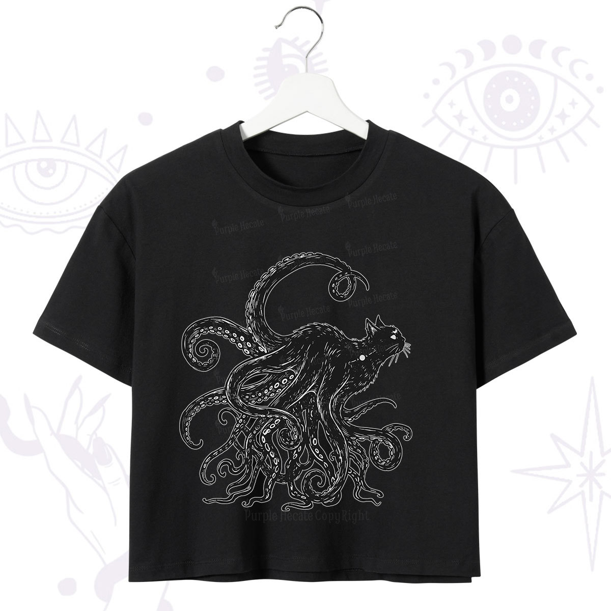 Purplehecate Black Cat with Octopus Tentacles Crop T-Shirt