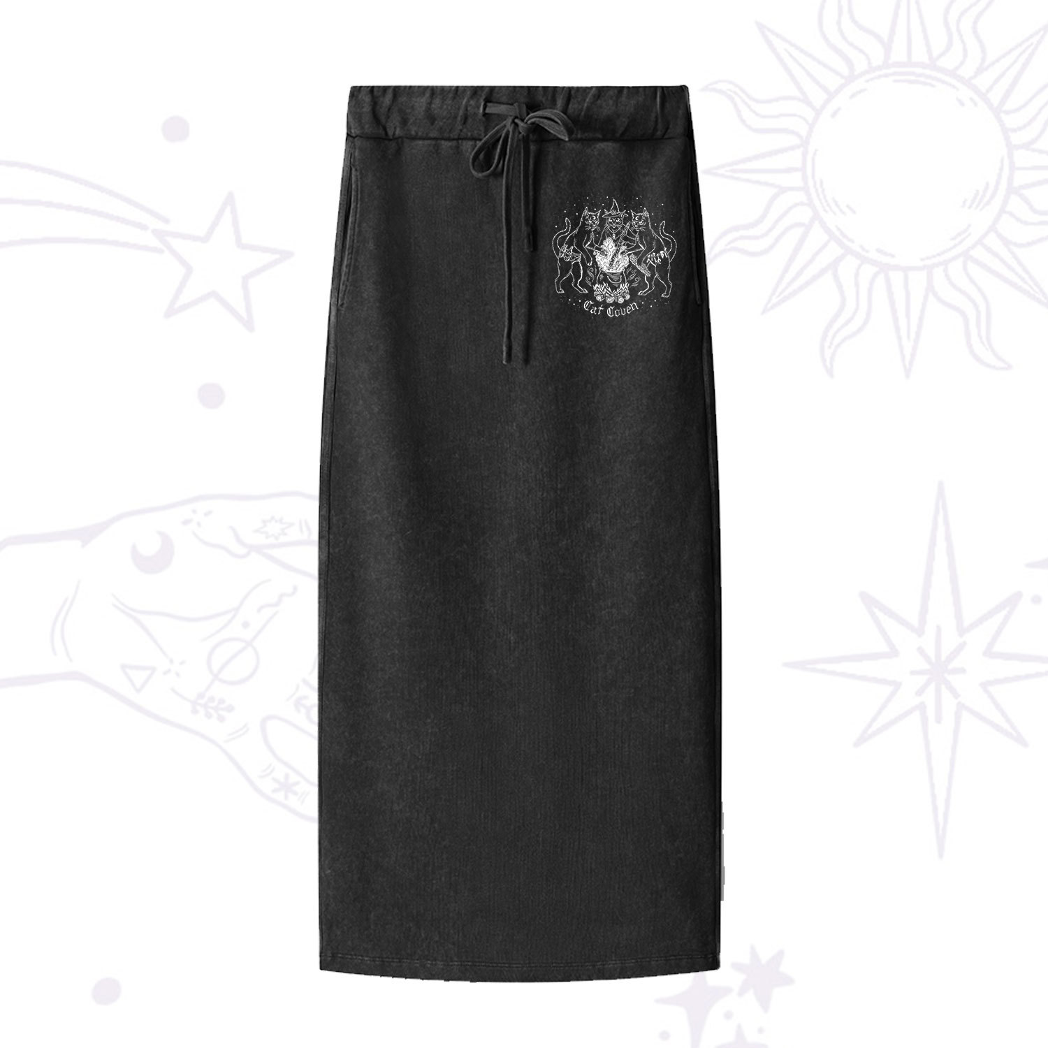 Purplehecate Cat Coven Washed Drawstring Long Skirt