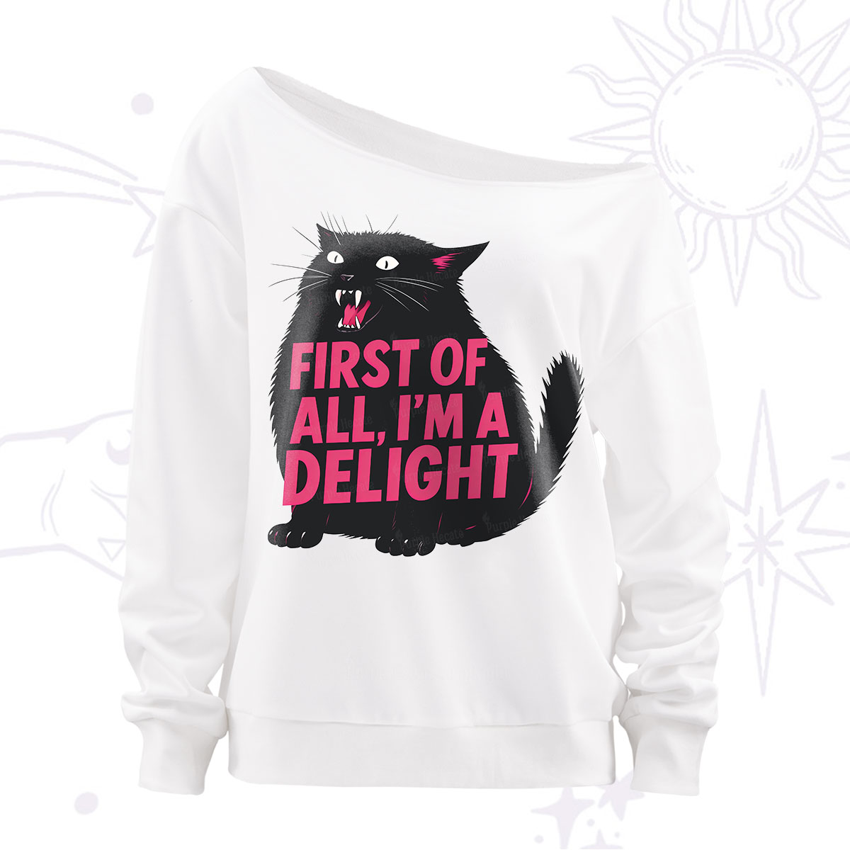 Purplehecate First Of All I'm A Delight Cat Off The Shoulder Sweatshirt