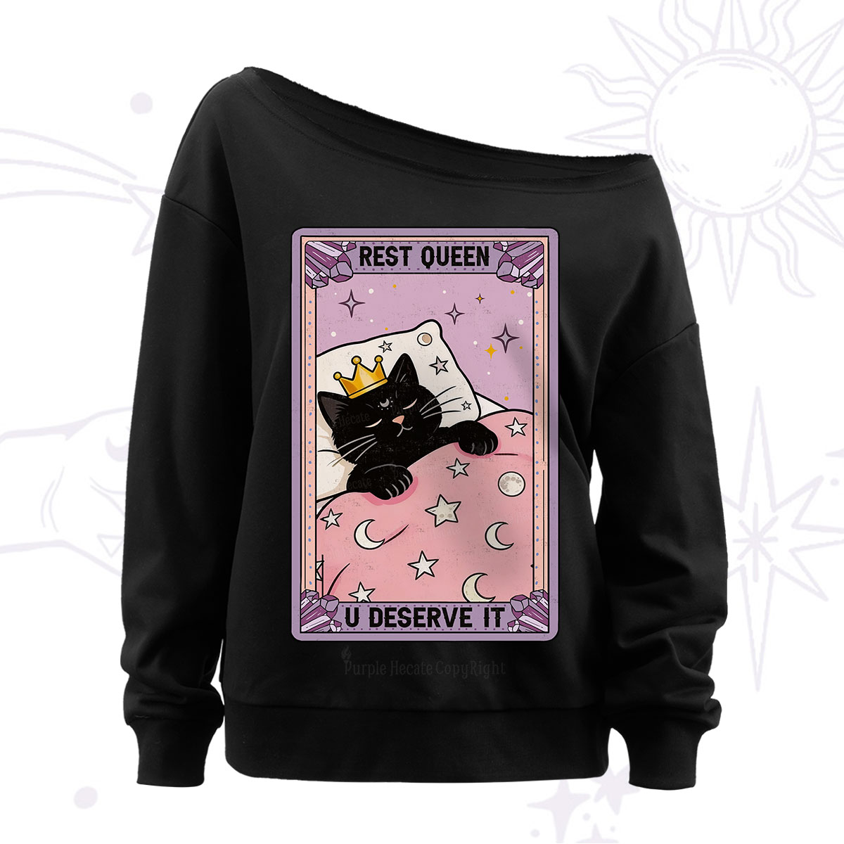 Purplehecate The Rest Queen Cat Tarot Off The Shoulder Sweatshirt