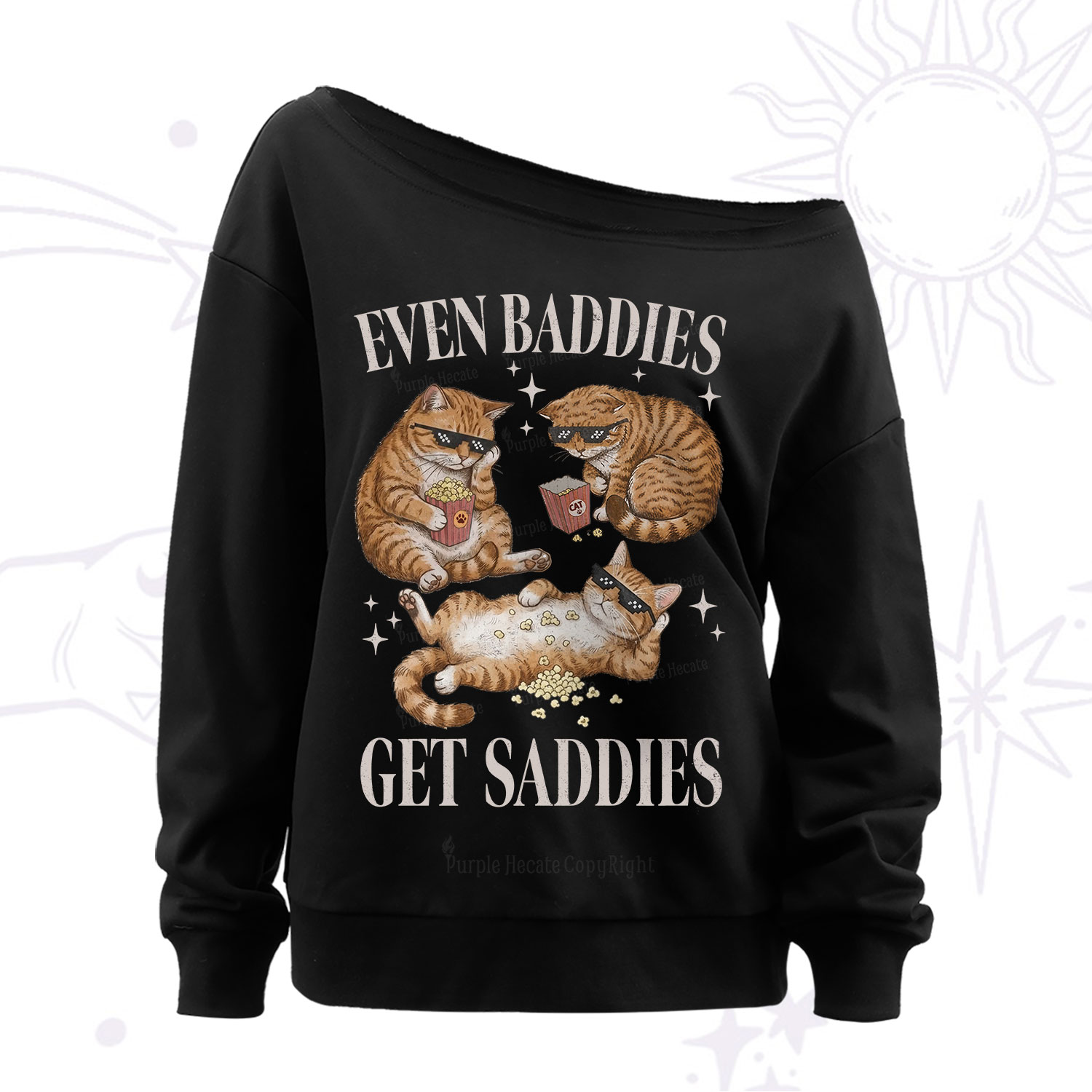 Purplehecate Even Baddies Get Saddies Funny Cat Off The Shoulder Sweatshirt