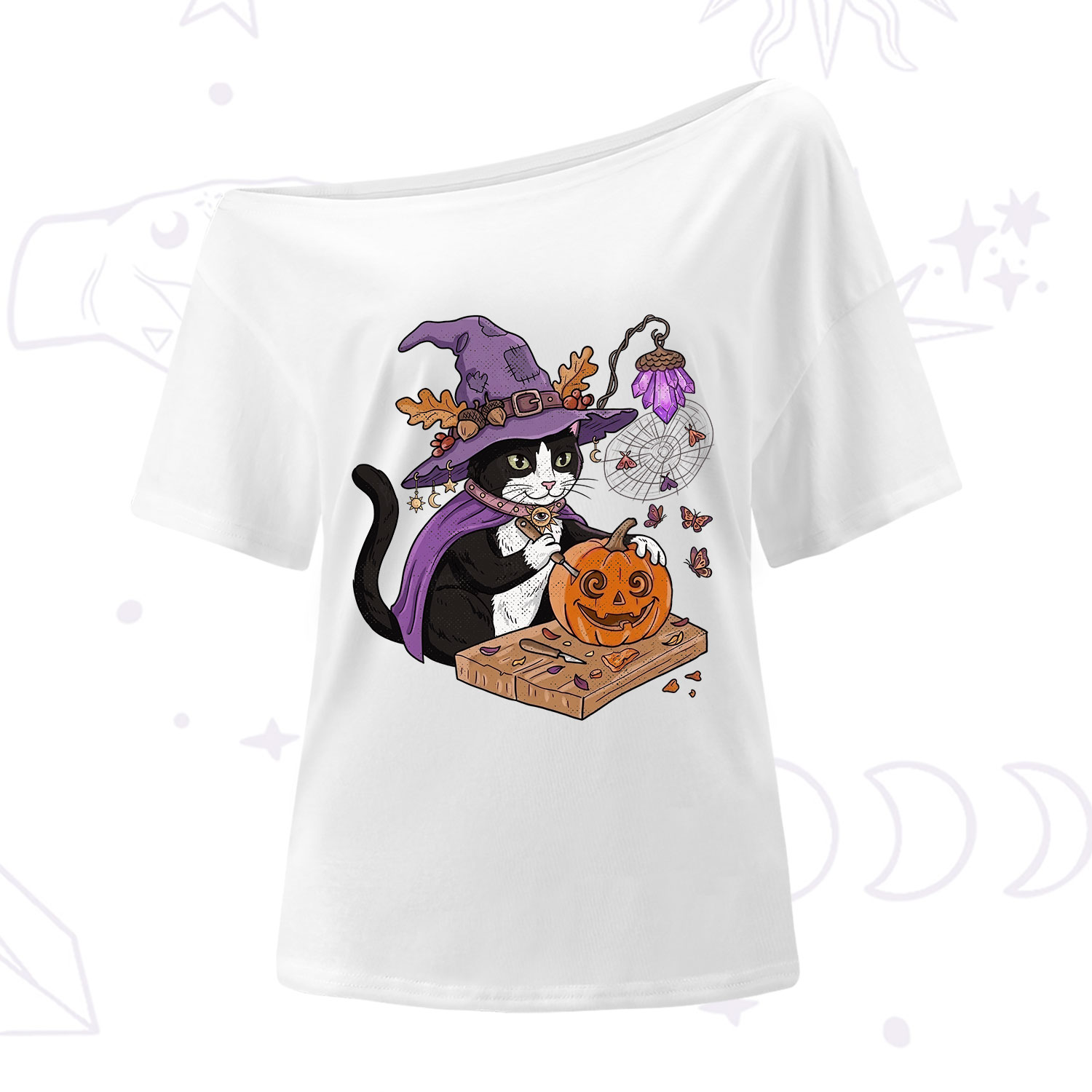 Purplehecate Pumpkin Carving Witch Cat One Shoulder T-Shirt