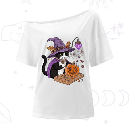 Purplehecate Pumpkin Carving Witch Cat One Shoulder T-Shirt