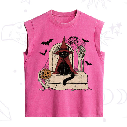 Purplehecate Wizard Black Cat on the Tombstone Halloween Vintage Washed Tank