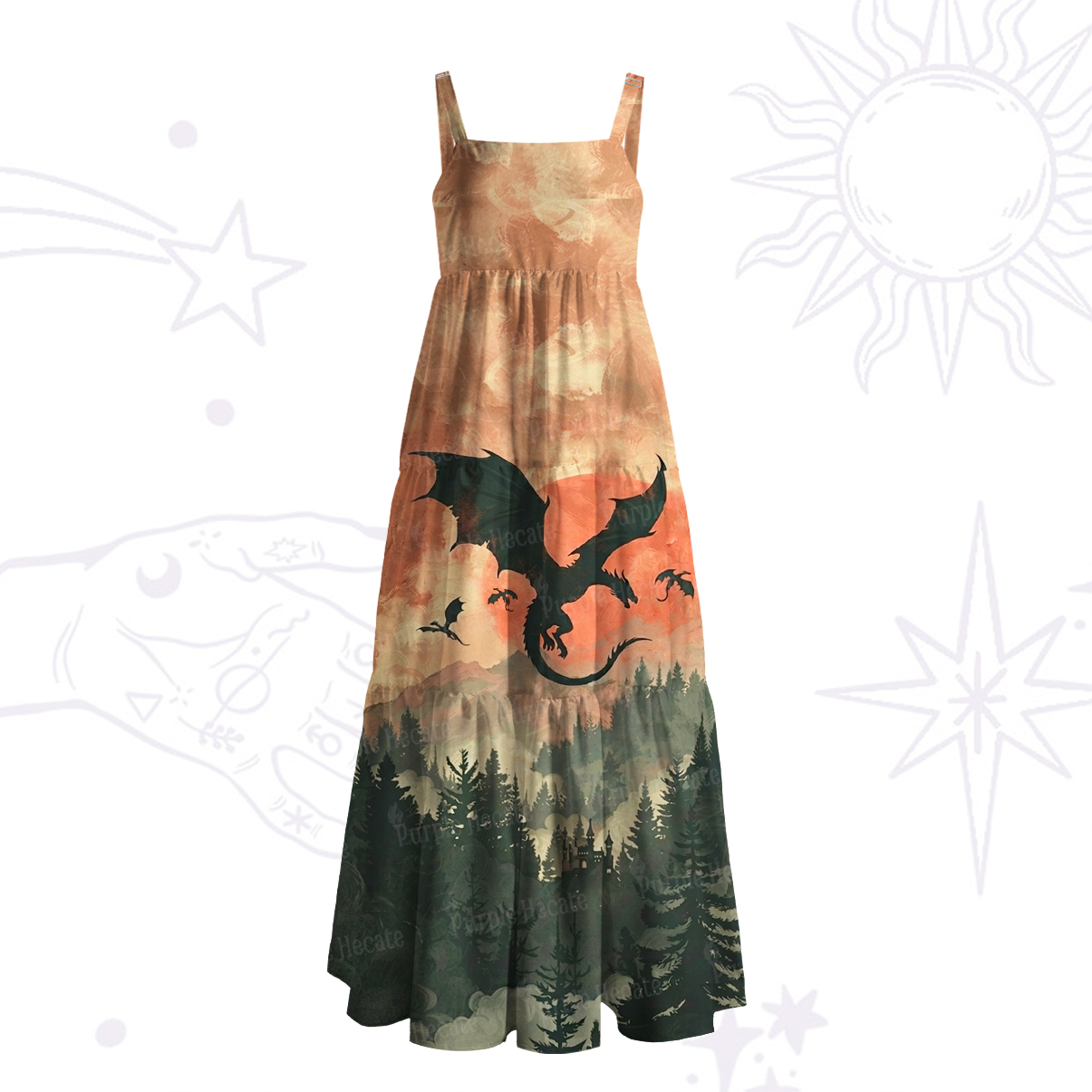 Purplehecate Mystic Sunset Forest Dragon Wide Straps Maxi Dress