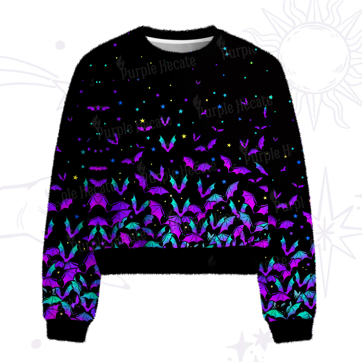 Purplehecate Rainbow Bat Fuzzy Crewneck Sweater
