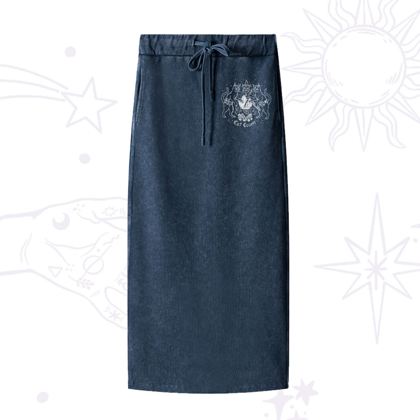 Purplehecate Cat Coven Washed Drawstring Long Skirt