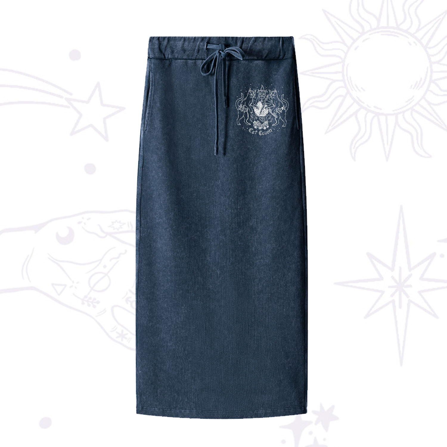 Purplehecate Cat Coven Washed Drawstring Long Skirt