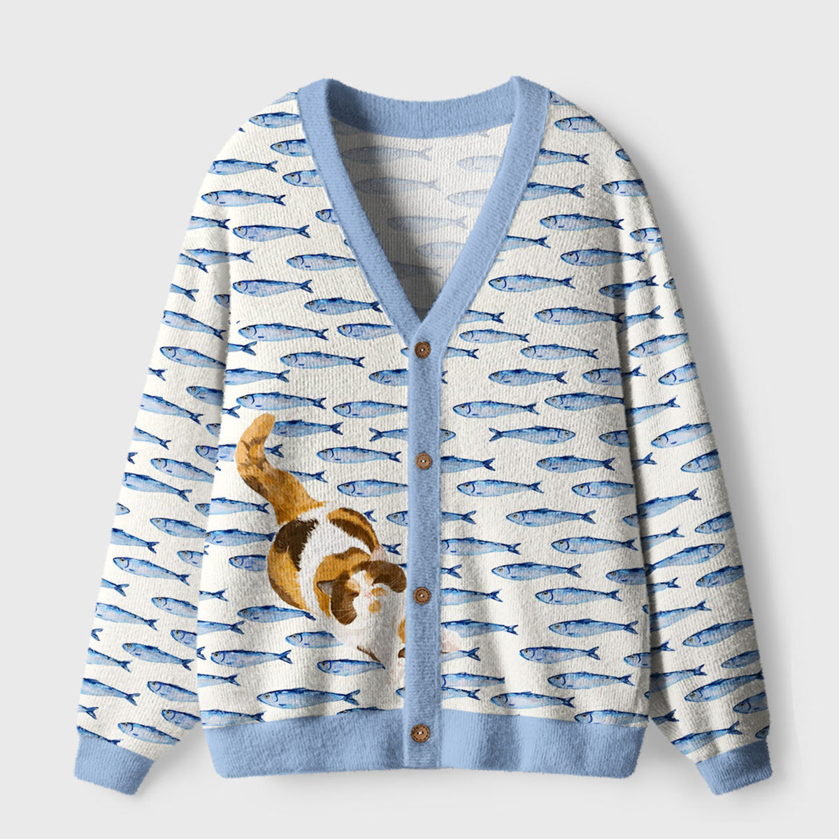 Purplehecate Cat Chasing Fish Ugly Cardigan Sweaters