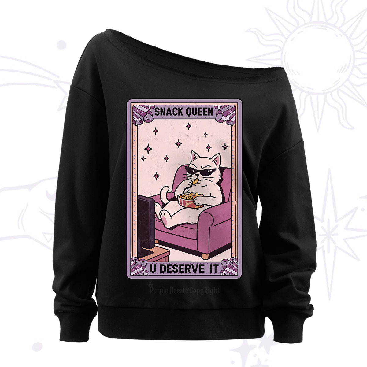 Purplehecate The Snack Queen Cat Tarot Off The Shoulder Sweatshirt
