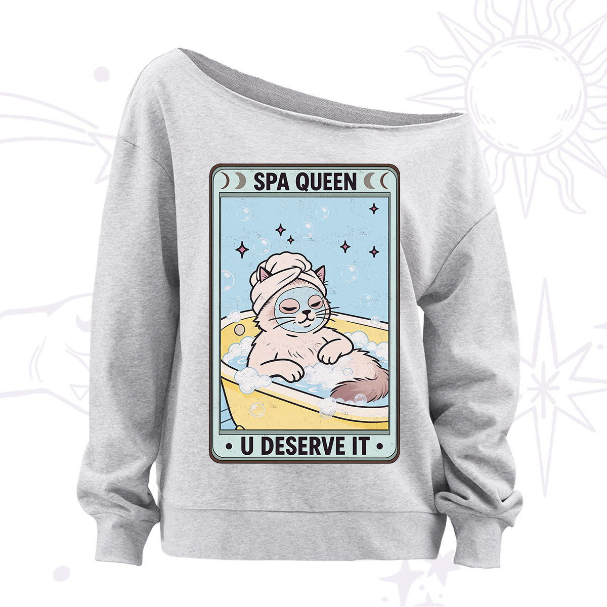 Purplehecate The Spa Queen Cat Tarot Off The Shoulder Sweatshirt