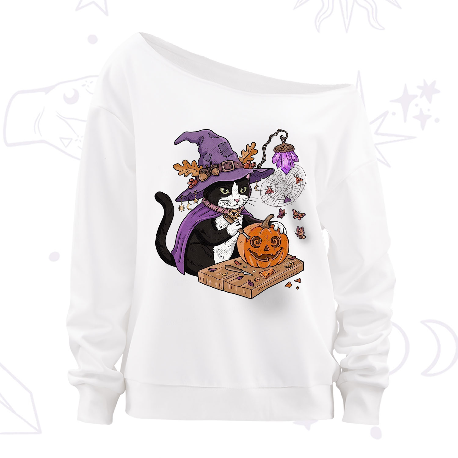 Purplehecate Pumpkin Carving Witch Cat Off The Shoulder Sweatshirt