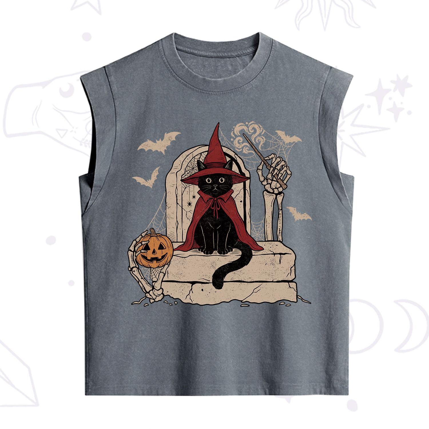 Purplehecate Wizard Black Cat on the Tombstone Halloween Vintage Washed Tank