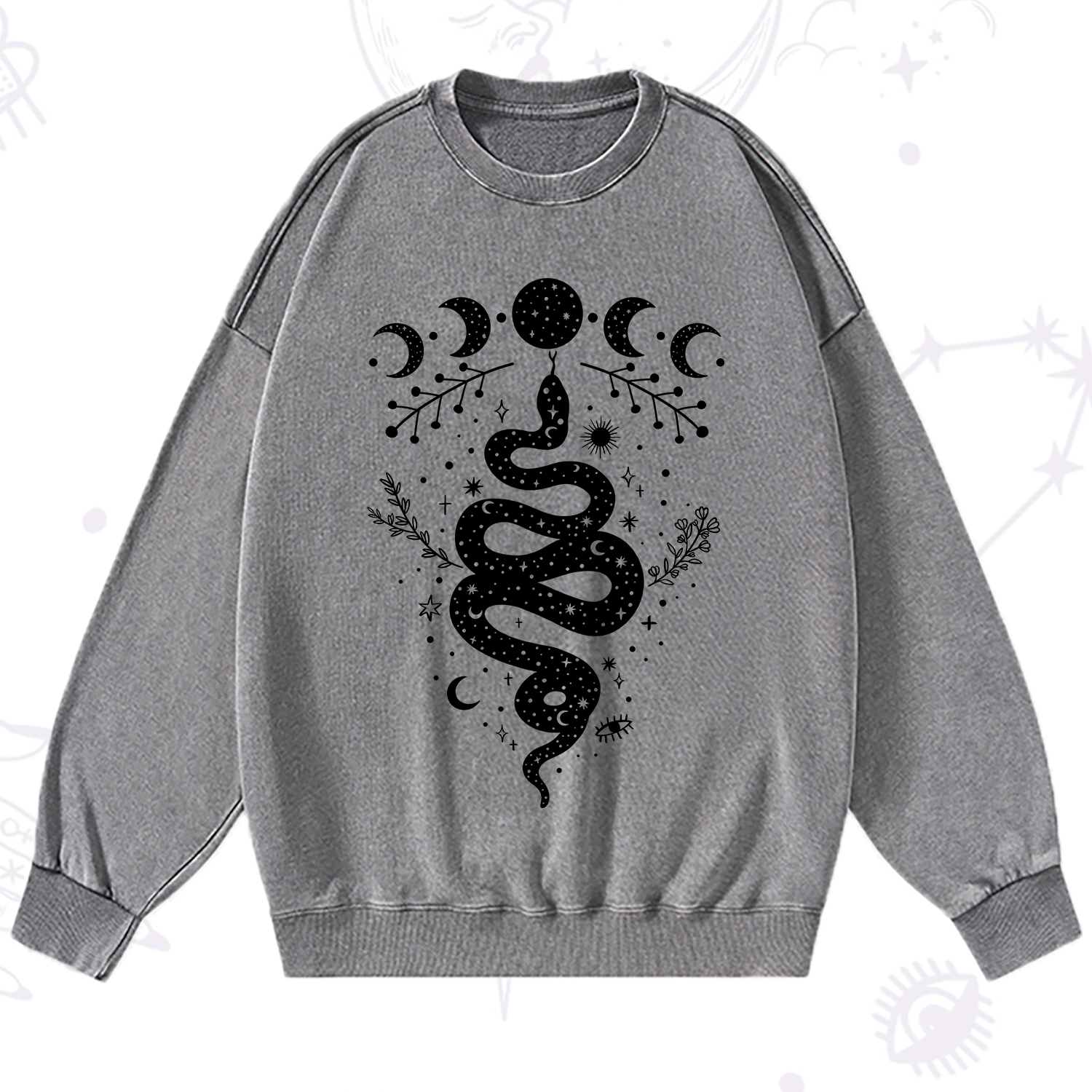Purplehecate Snake And Moon Phase Comfort Washed Sweatshirt