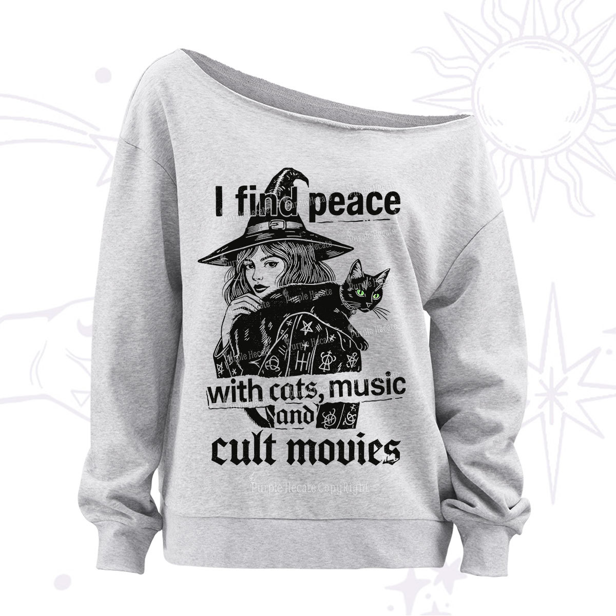 Purplehecate I Find Peace With Cats Music Cult Movies Off The Shoulder Sweatshirt