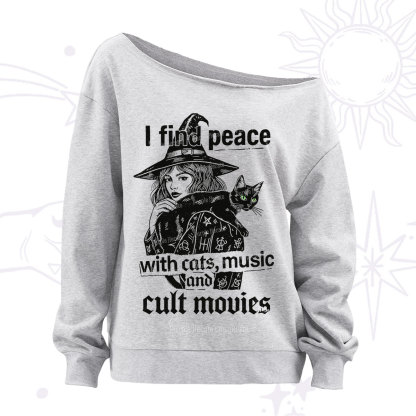Purplehecate I Find Peace With Cats Music Cult Movies Off The Shoulder Sweatshirt