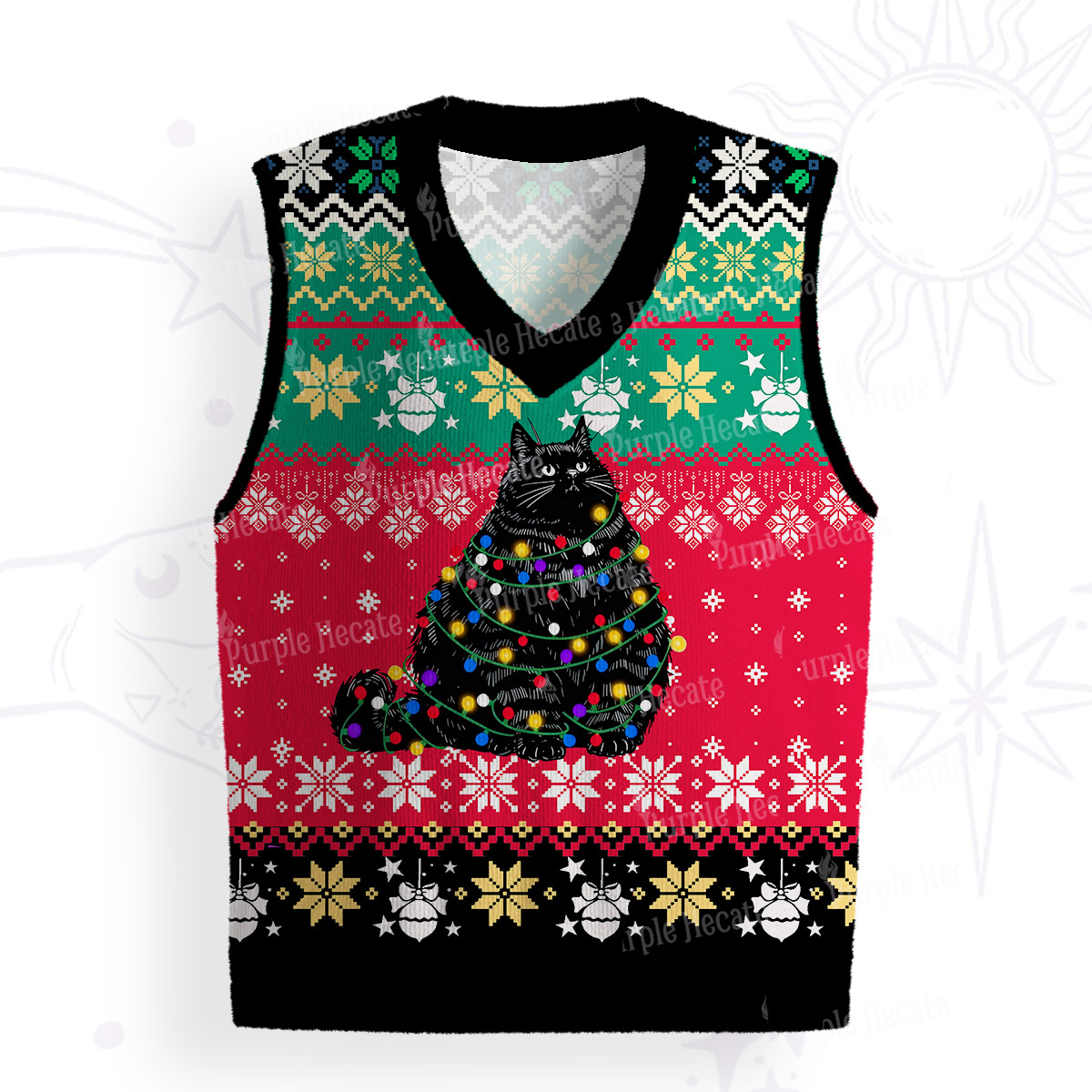 Purplehecate Black Cat in Christmas Lights Ugly Sweater Vest