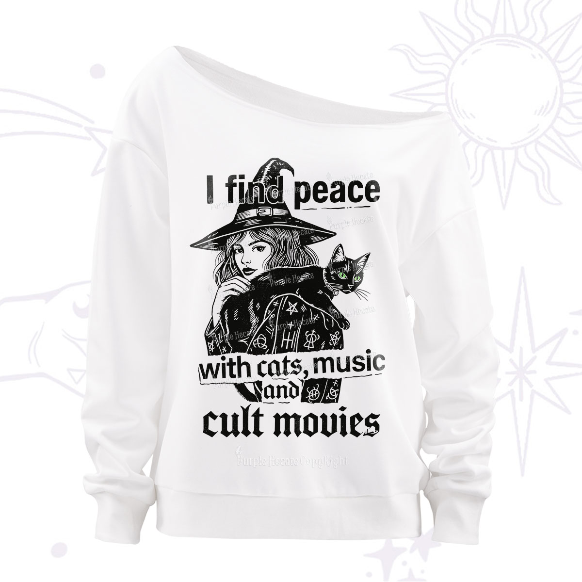 Purplehecate I Find Peace With Cats Music Cult Movies Off The Shoulder Sweatshirt