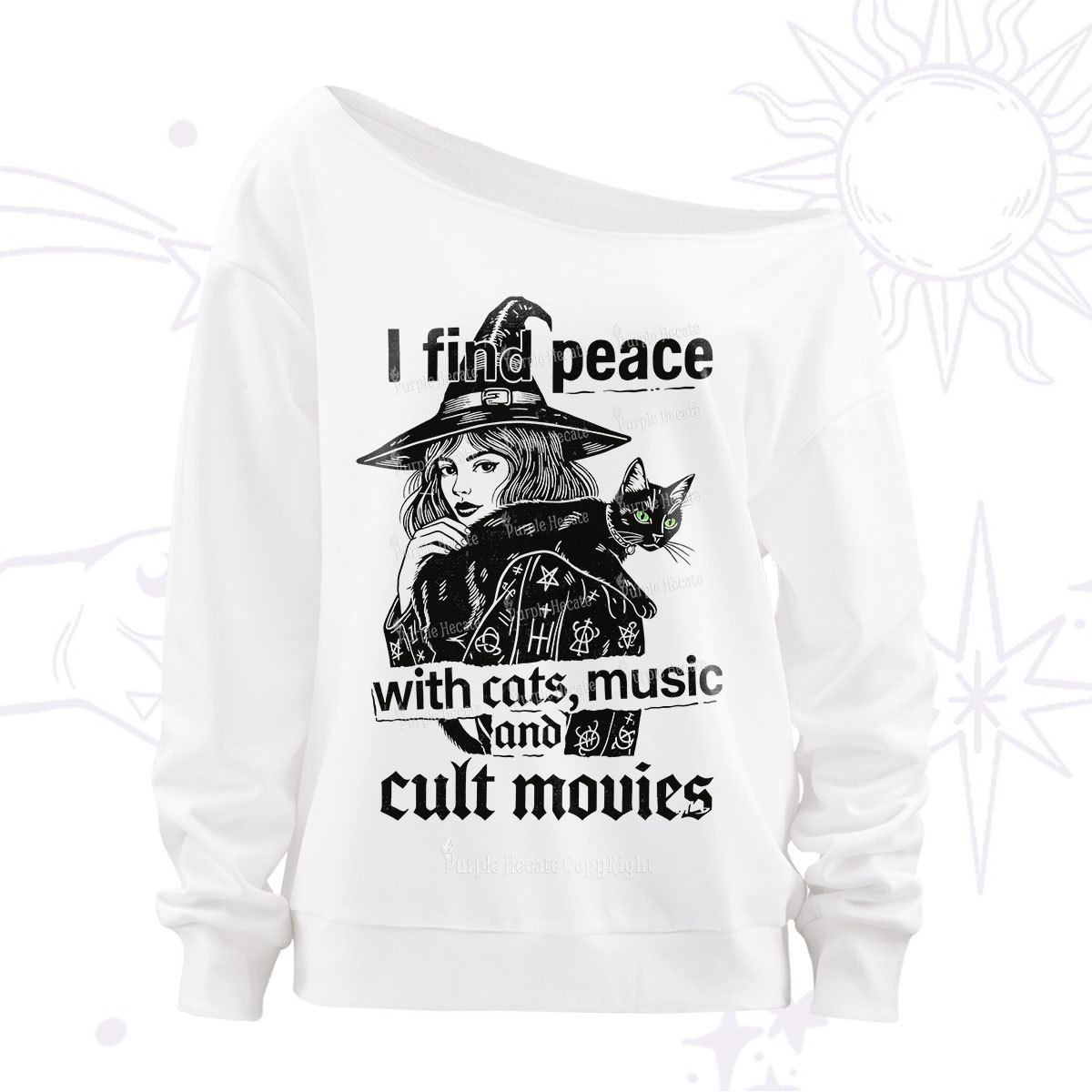 Purplehecate I Find Peace With Cats Music Cult Movies Off The Shoulder Sweatshirt