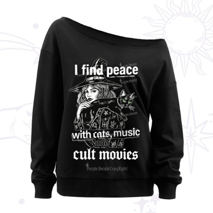 Purplehecate I Find Peace With Cats Music Cult Movies Off The Shoulder Sweatshirt