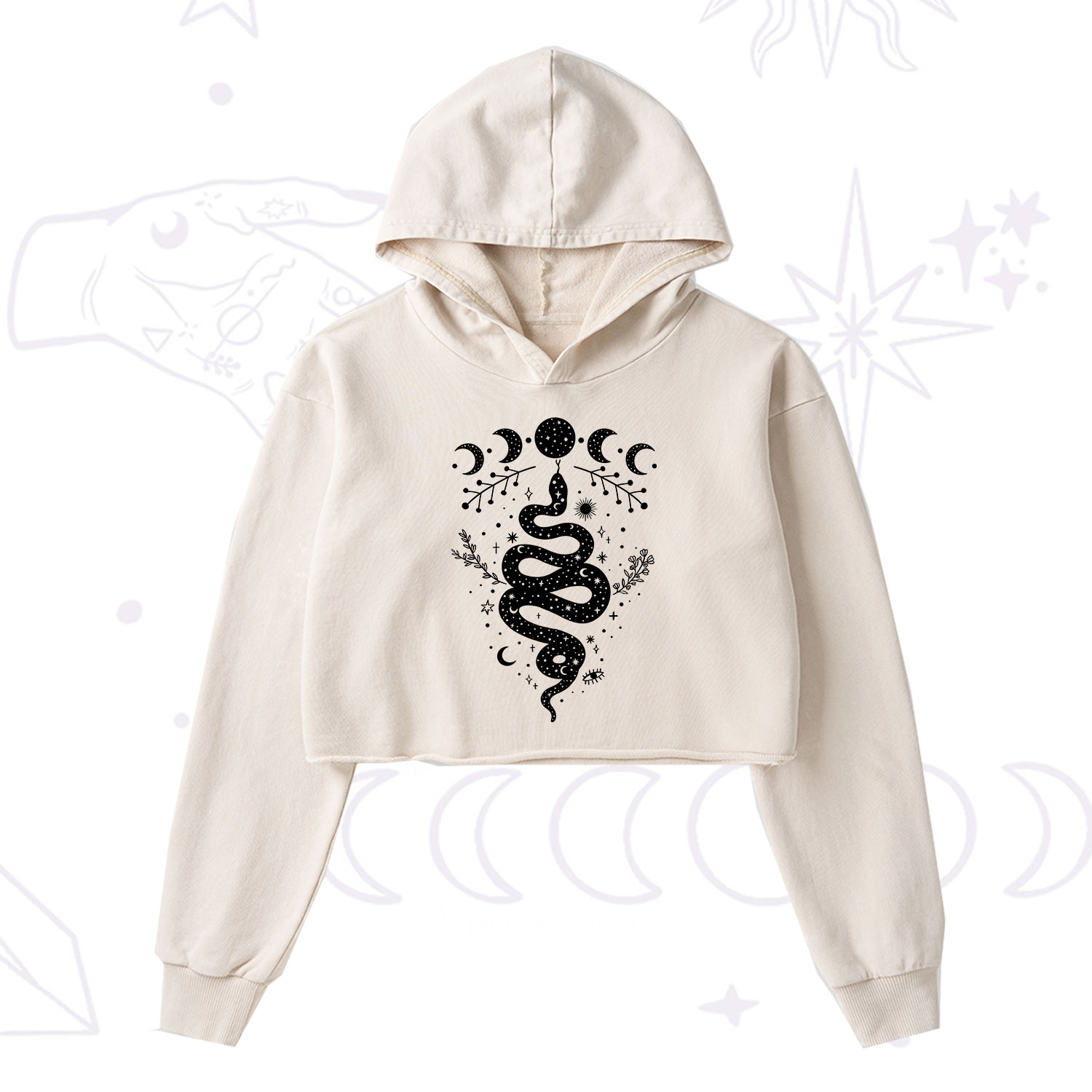 Purplehecate Snake And Moon Phase Comfort Washed Cropped Hoodie