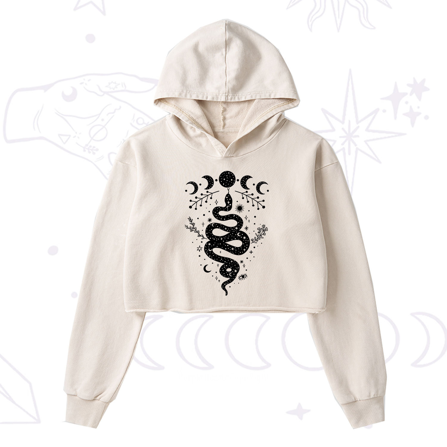 Purplehecate Snake And Moon Phase Comfort Washed Cropped Hoodie