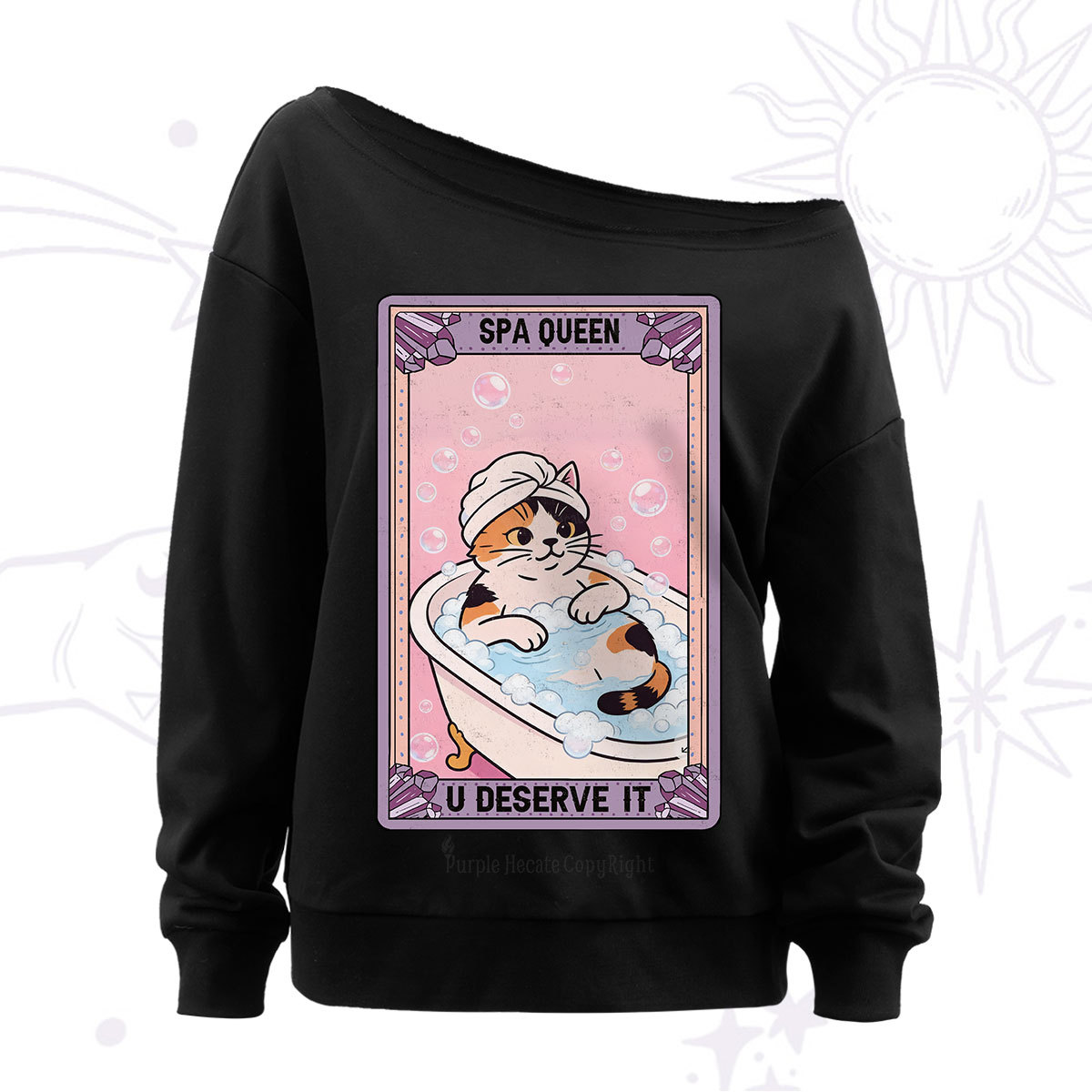 Purplehecate The Spa Queen Cat Tarot Off The Shoulder Sweat