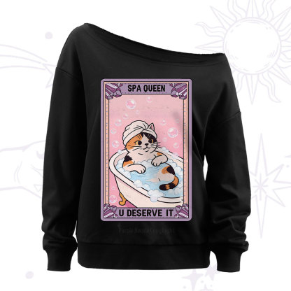 Purplehecate The Spa Queen Cat Tarot Off The Shoulder Sweatshirt