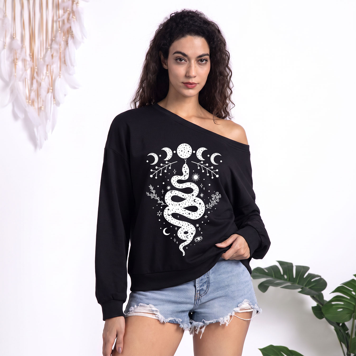 Purplehecate Snake And Moon Phase Comfort One Shoulder Sweatshirt