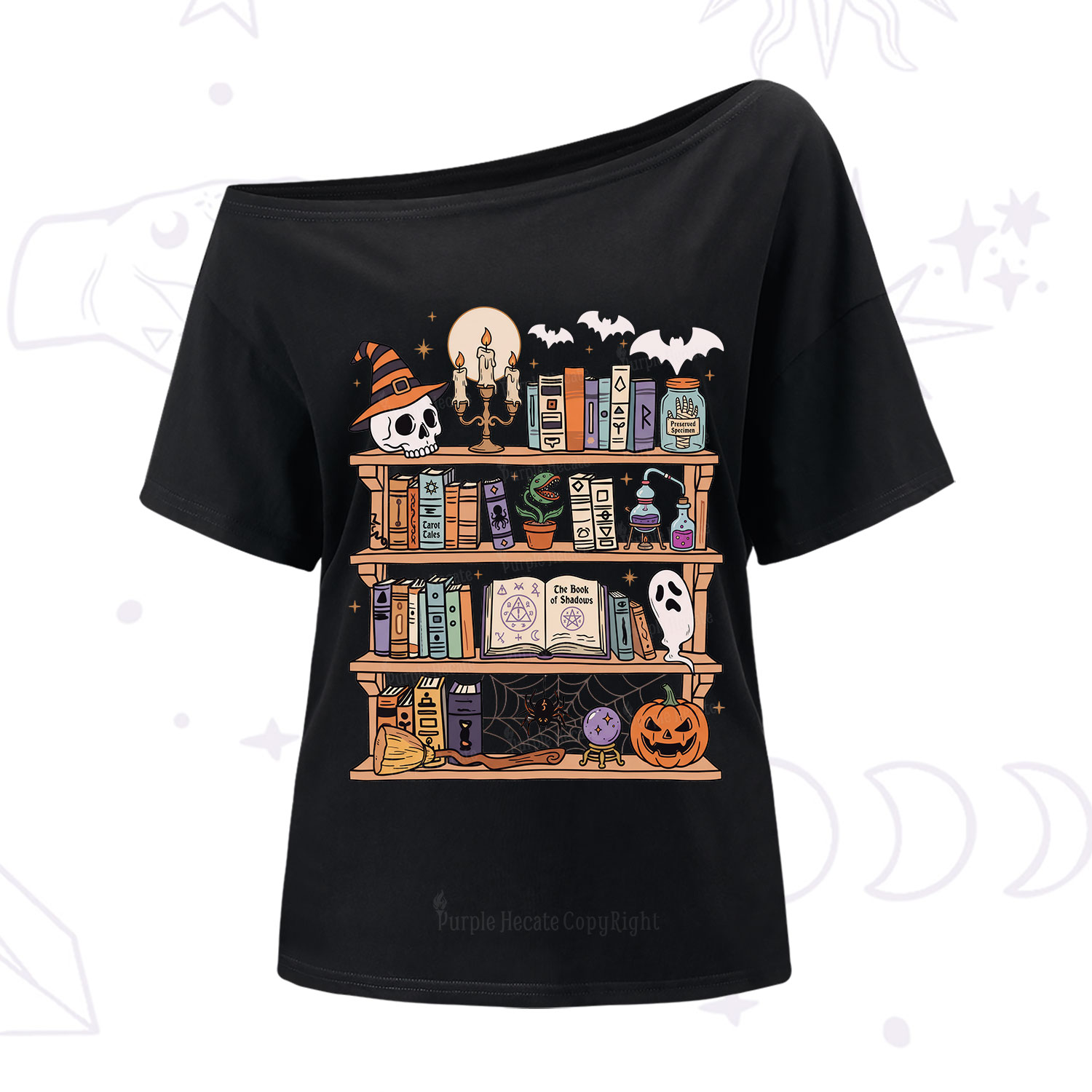 Purplehecate Halloween Library One Shoulder T-Shirt