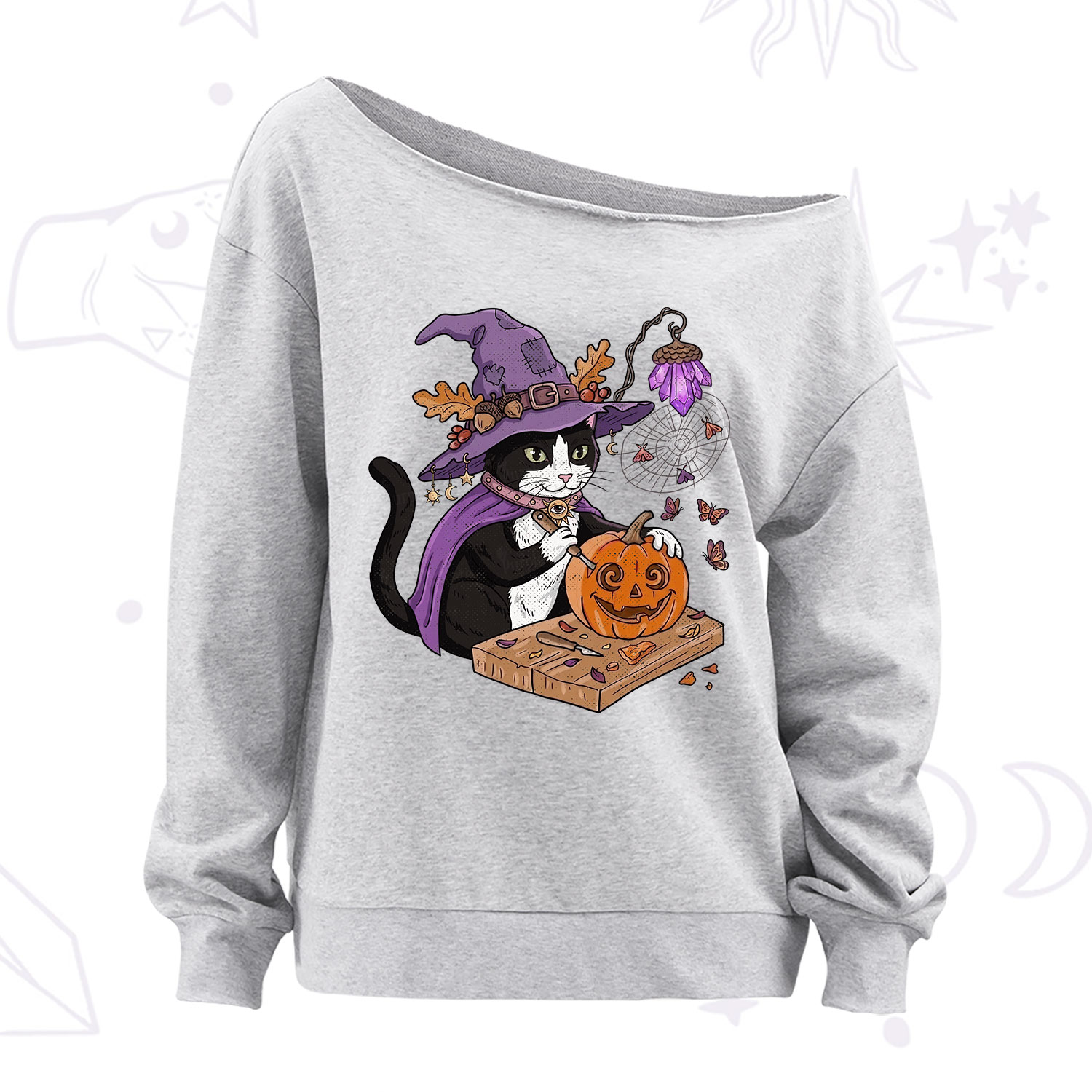 Purplehecate Pumpkin Carving Witch Cat Off The Shoulder Sweatshirt
