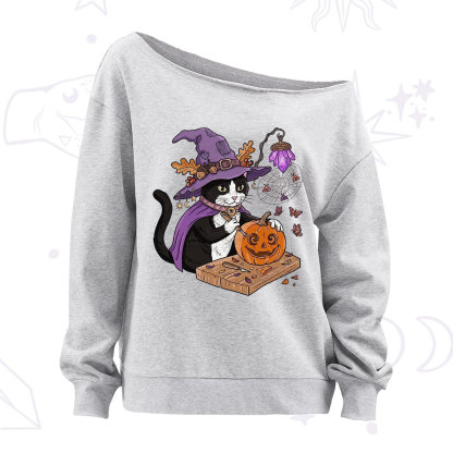 Purplehecate Pumpkin Carving Witch Cat Off The Shoulder Sweatshirt