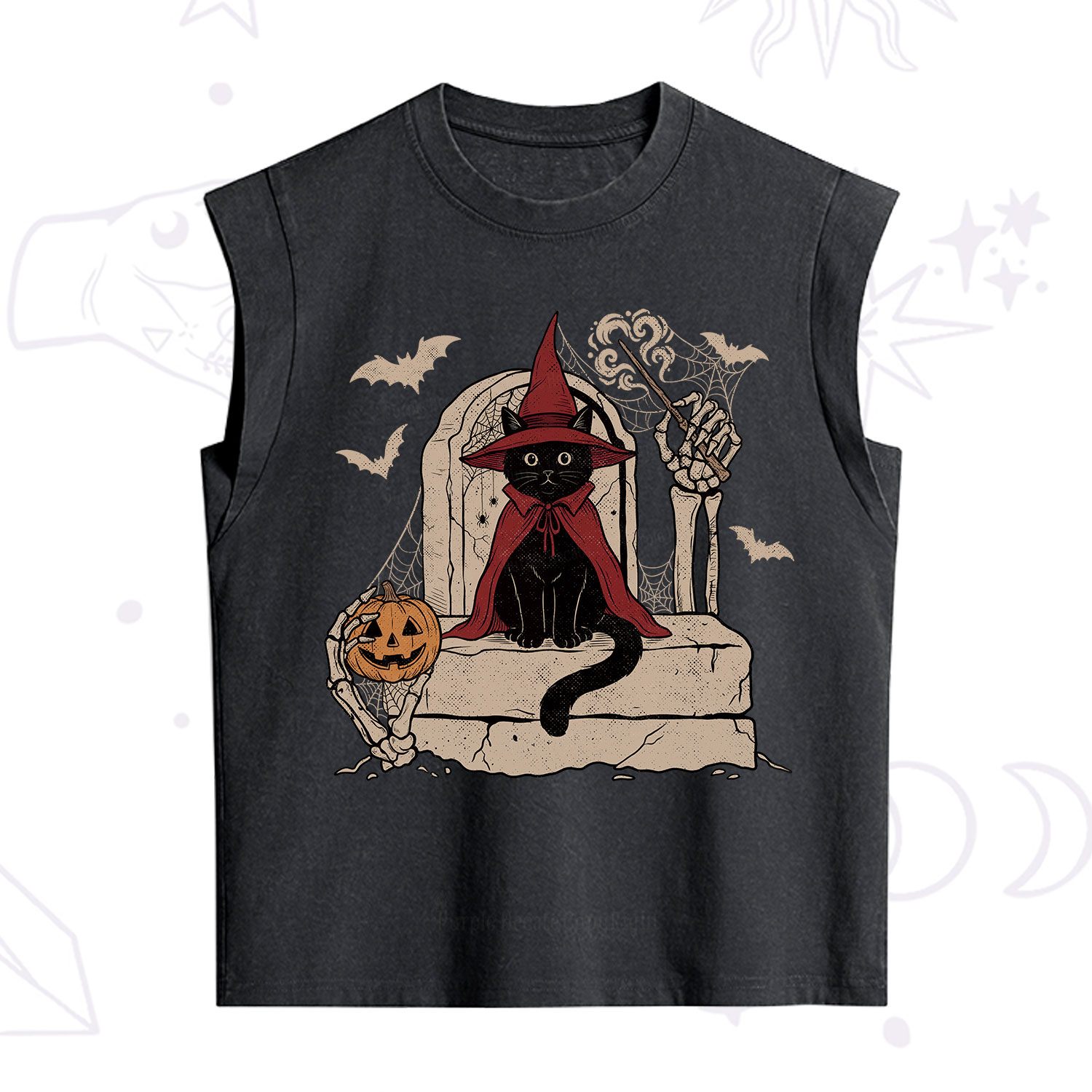 Purplehecate Wizard Black Cat on the Tombstone Halloween Vintage Washed Tank