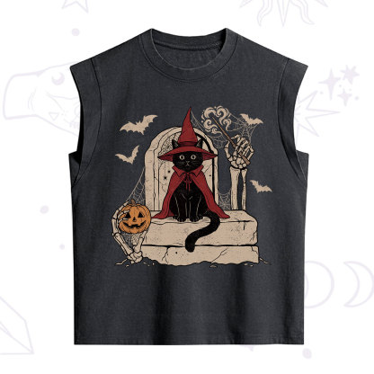 Purplehecate Wizard Black Cat on the Tombstone Halloween Vintage Washed Tank