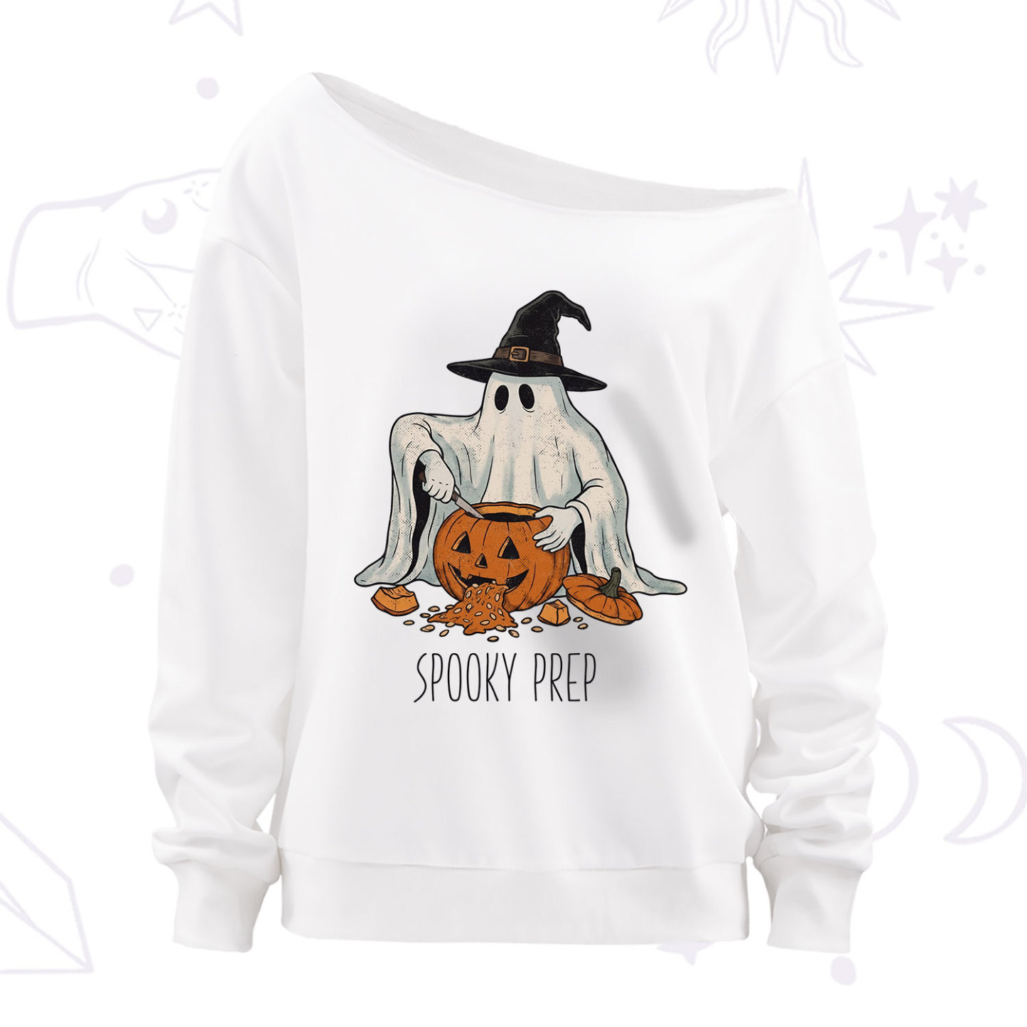 Purplehecate Spooky Prep Ghost Off The Shoulder Sweatshirt